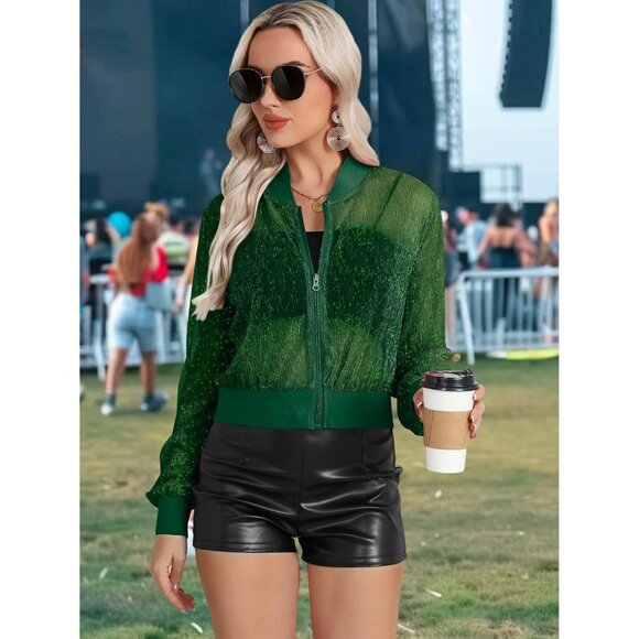 Womens Green Sheer Mesh Sparkly Crop Bomber Jacket Glitter Rave Outfit - Picture 4 of 5